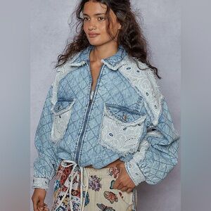 POL Blue Quilted Bomber Jacket with Lace Details